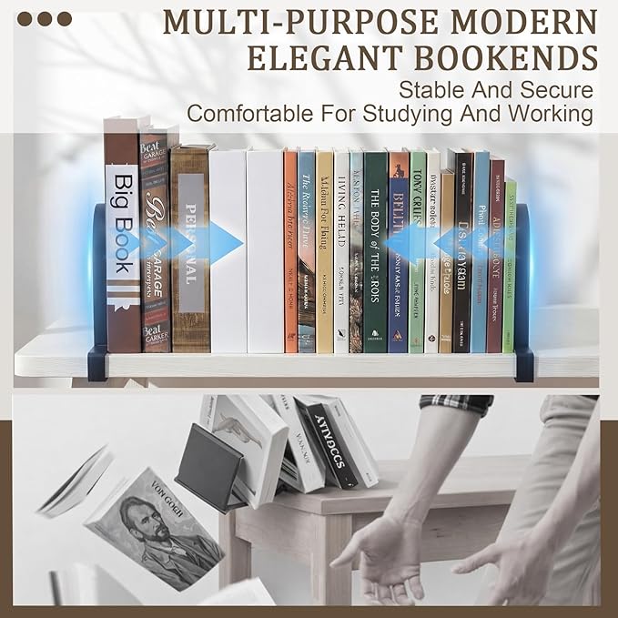 2 Pcs Metal Book Ends for Shelves Heavy Duty Clamp Book Organizer Black Metal Bookends Storage Holders with Non Skid Base for Home Office Supplies