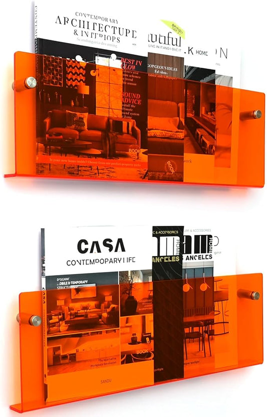 2 Pack Orange Acrylic Magazine Holder, Wall Mount Hanging Bookshelf Literature Storage Rack, Brochure File Display Shelf for Waiting Room, Living Room, Office, Home