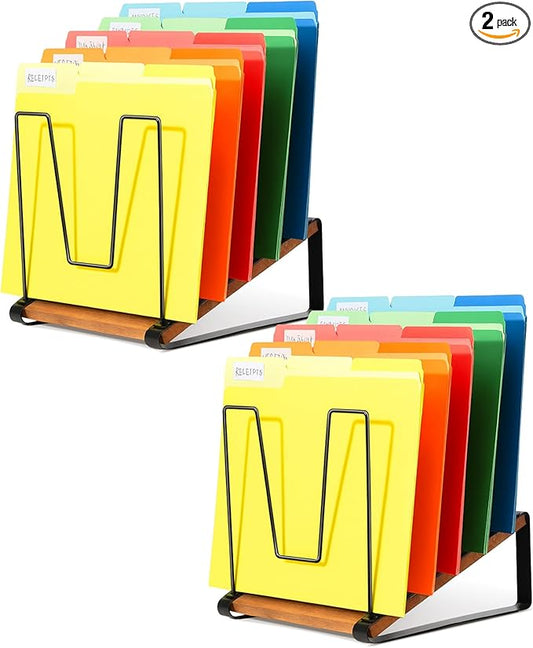 HULISEN 2 Pack Inclined Desk File Organizer, 5-Section Vertical File Folder Holder Stand, Metal File Sorter Rack with Wooden Base for Office Classroom Home Desktop Organization