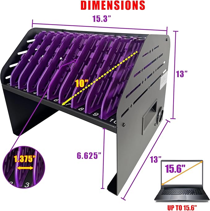Laptop Charging Station for Classroom, Office, or Home, 10-Device Organizer with 6 AC Outlets & 4 USB Ports, Fits Laptops, Tablets & E-Readers up to 1.375" Thick, 15.3" x 13" x 13"
