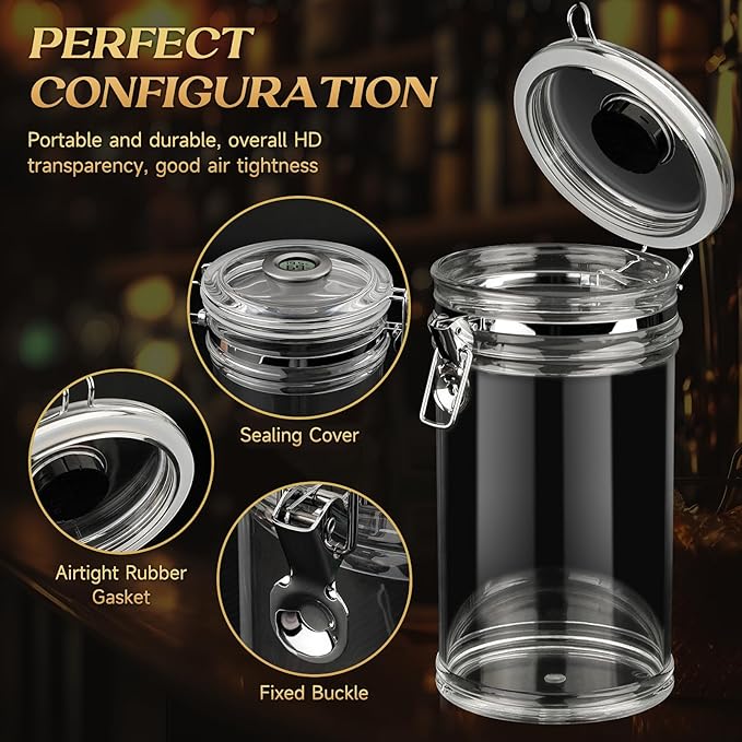 XIFEI Acrylic Humidor Jar with Digital Hygrometer, Tall Design Storage Case Fits Long Cigar, Humidifier & Spanish Cedar Wood Veneer, Portable Travel Humidor for 15-20 Cigars