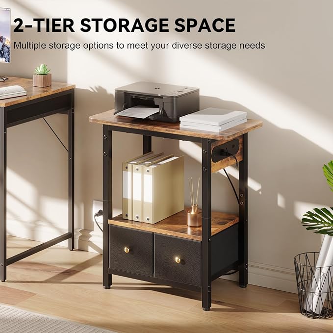 HLDIRECT Nightstand with Charging Station, Bedside Table with 2 Fabric Drawers and Large Storage Shelf for Small Space, End Table with Outlet and USB Ports for Living Room, Bedroom (Rustic Brown)