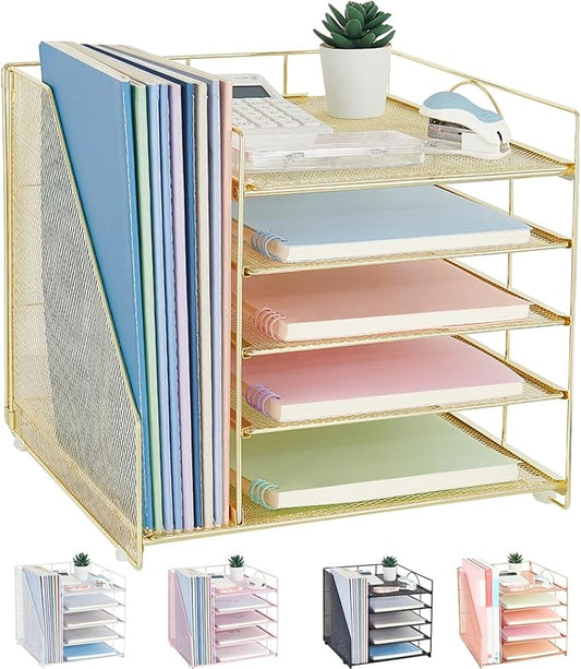 LEKETREE Desk Organizers and Accessories, 5-Tier Paper Letter Tray Organizer with File Holder, Desktop Organizer for Office Supplies (Gold)