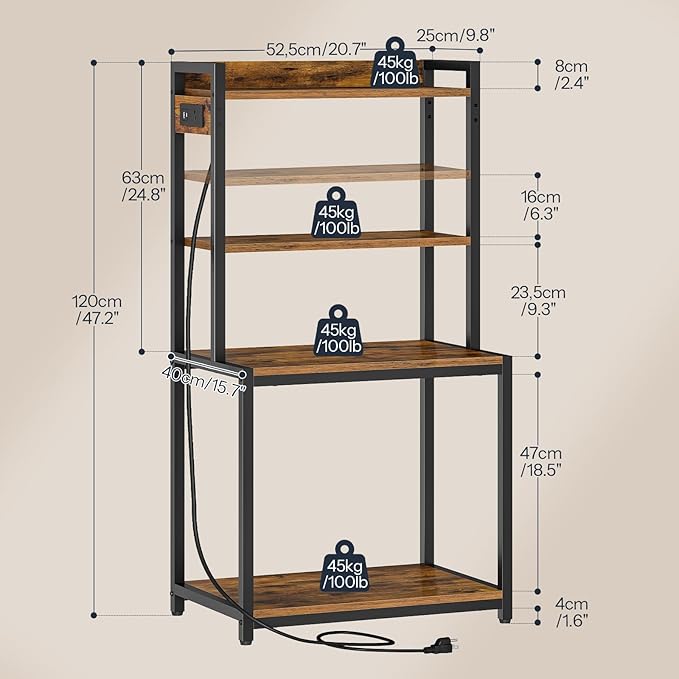 HOOBRO Printer Stand with Charging Station, 4-Tier Printer Table with Storage, Large Tall Printer Shelf, for Home Office, Kitchen, Living Room, Black and Rustic Brown BF13UPS01
