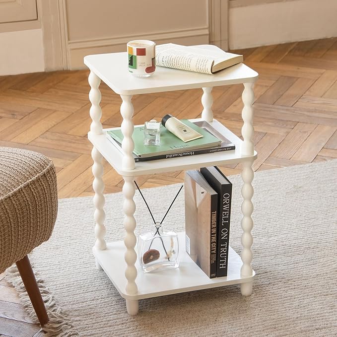Fultyle End Table, Small Side Table with 3 Tier Open Shelf, Modern NightStand Bedside Table for Living Room, Bedroom, Office and Small Spaces (White)