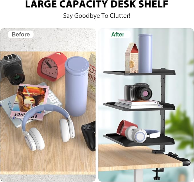 3 Tier Clamp On Desk Shelf with Adjustable Metal Storage Tray & Headphone Stand Above or Under Desk Storage Heavy Duty Shelving Unit No Drilling Desktop Shelves Fits Desks up to 2.5in Thick