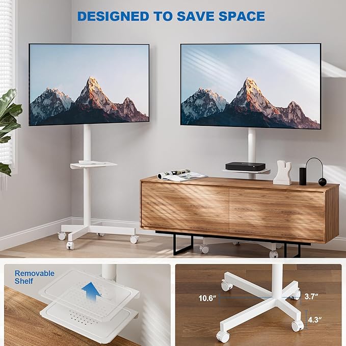 Mobile TV Stand for 23-65 Inch LCD LED Flat/Curved Panel Screen TVs, Height Adjustable Rolling TV Stand with Tilt Mount and Shelf, Portable Stand Holds up to 110 lbs, Max VESA 400x400mm, White