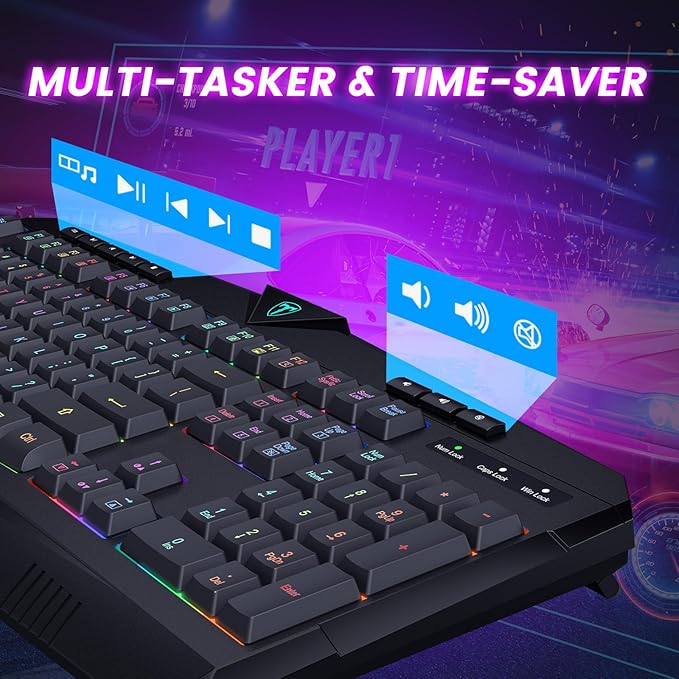 Wireless Keyboard, Rechargeable RGB Backlit Wireless Gaming Keyboard with Wrist Rest, Silent Keys, Multimedia Keys, Anti-ghosting, Full-Size Waterproof Light Up Keyboard for PC Mac Xbox Gamer