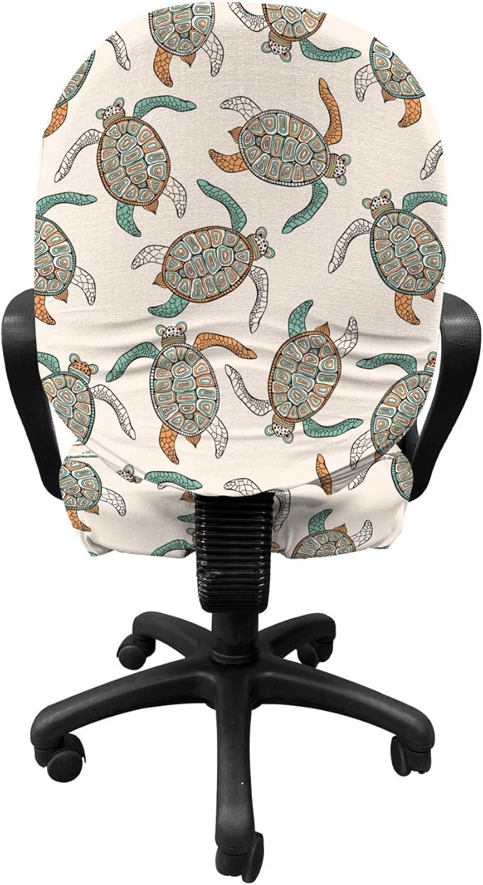 Ambesonne Ethnic Office Chair Slipcover, Illustration of Traditional Turtle with Geometric Motifs, Protective Stretch Decorative Fabric Cover, Standard Size, Peach Seafoam