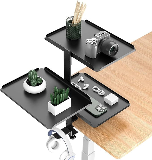 3 Tier Clamp On Desk Shelf with Adjustable Metal Storage Tray & Headphone Stand Above or Under Desk Storage Heavy Duty Shelving Unit No Drilling Desktop Shelves Fits Desks up to 2.5in Thick