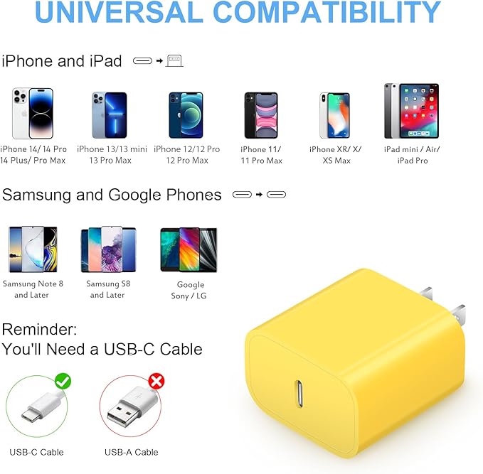 10 Ft iPhone Fast Charger, 2-Pack 20W Super Fast Charger with Long Fast Charging Cable for iPhone 14/13/12/11 Pro Max,14 Plus,Mini,Pro/XS/SE/XR/iPad - Yellow