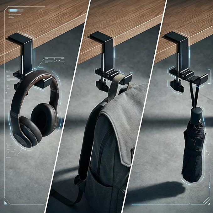 JAKO Aluminum Alloy Headphone Stand for Desk, Foldable Headphone Holder - Headset Stand Hook Mount, PC Gaming Headset Holder Under Desk Clamp for Office, Computer, Student Class Table, Handmade Table