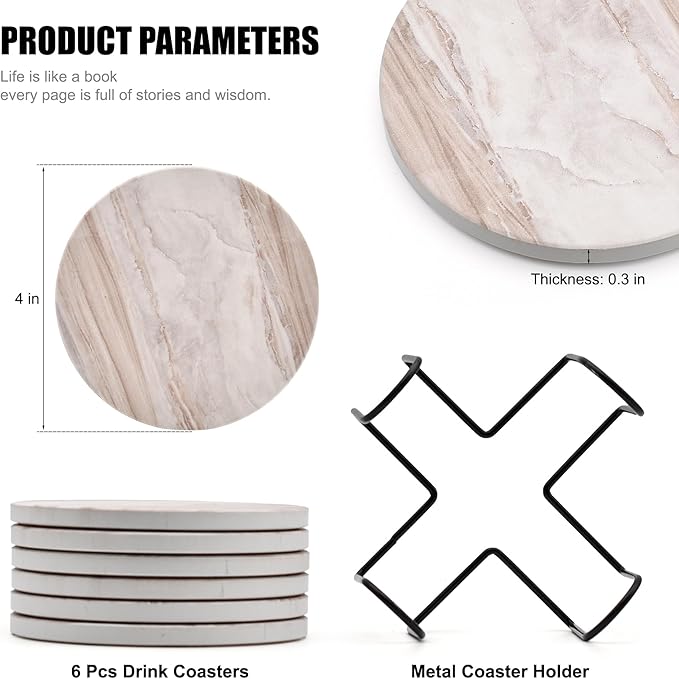 Hoewina 6Pcs Drink Coasters with Holder, Natural Style Ceramic Drink Coaster, Absorbent Coasters Set Suitable for Kinds of Cups, Modern Style Coasters for Coffee Table, 4 Inches（Style 6）