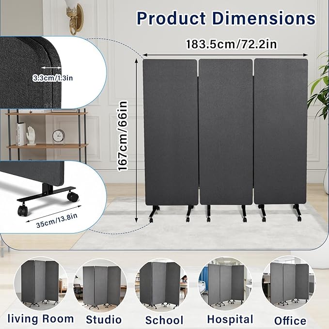 72" X 66" Partition Room dividers, 3 Panel Sound Proof Dividers for Office Partitions, Room Divider Privacy Panel with Wheels, Portable Temporary Wall for Office, Studio, School, Hospital(Dark Grey)