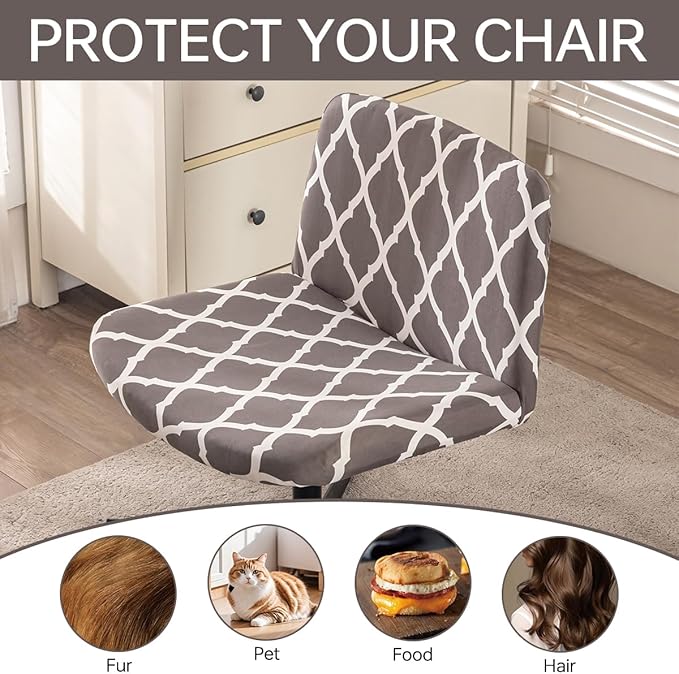 Armless Chair Slipcover Stretch Criss Cross Chair Cover, Mid Back Wide Seat Accent Chair Covers,Modern Vanity Chair Cover for Office Desk (Grey Grid)