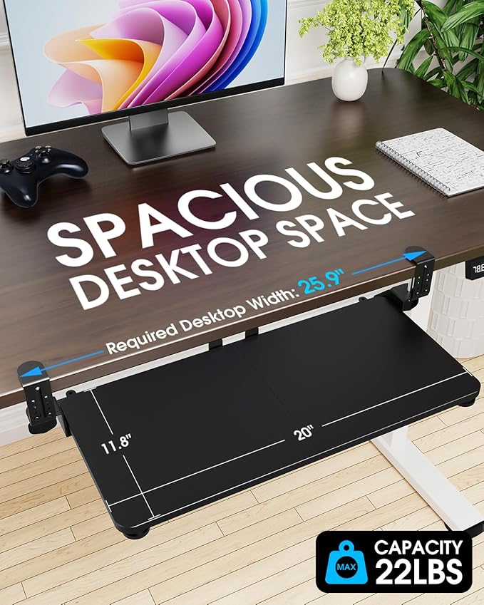 Small Keyboard Tray Under Desk, Pull Out Keyboard & Mouse Tray with Adjustable C-clamp, 20(25.9 Including Clamps) x 11.8 Inch Slide Out Computer Keyboard Drawer Mouse Tray for Typing, Black