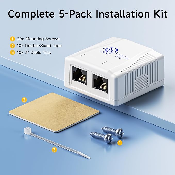 Cable Matters UL Listed Cat6 5-Pack RJ45 Surface Mount Box - 2 Port in White (Cat6 Ethernet Mount Box)