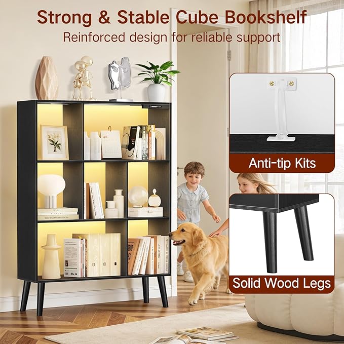 7-Cube Bookshelf with LED Lights, Touch & Remote Control, Freestanding Open Bookcase Storage Shelf, Dimmable Modern Wooden Display Organizer with Legs for Living Room, Bedroom, Office(Black)