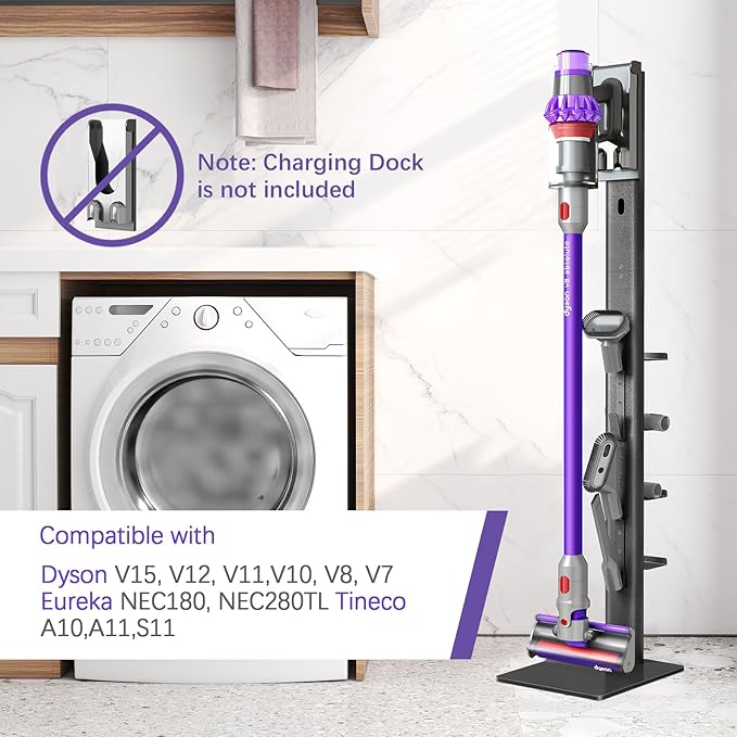XIGOO Storage-Stand-Docking-Station-Holder Compatible with V15 Detect V11 V10 V8 V7 V6 Cordless Vacuum Cleaners, Stable Metal Organizer Rack(Black, 4 Hooks 4 Shelves)