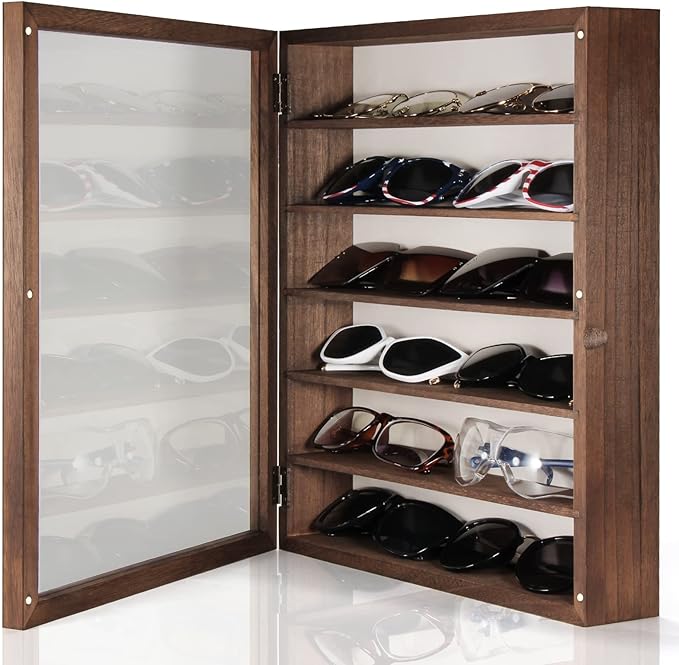 TJ.MOREE Sunglasses Organizer Storage Wall Mounted: 13 x 15.6 inches Eyewear Display Case 6 Tier Rustic Wood Eyeglasses Holder Large Glasses Storage Box, Brown