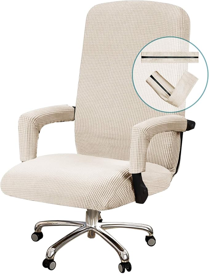 Turquoize Office Chair Cover - Universal Stretch Slipcover for Desk, Computer & Boss Chairs - Rotating Arms - Cats & Dogs - Biscotti Beige