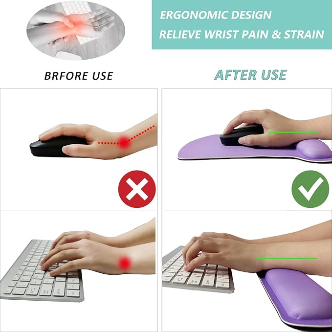 Keyboard Wrist Rest Pad Mouse Pad with Wrist Support Set of 3, Gaming Mousepad with Non-Slip Rubber Base, Ergonomic Memory Foam Mouse Cushion Support for Home Office Laptop Computer, Purple