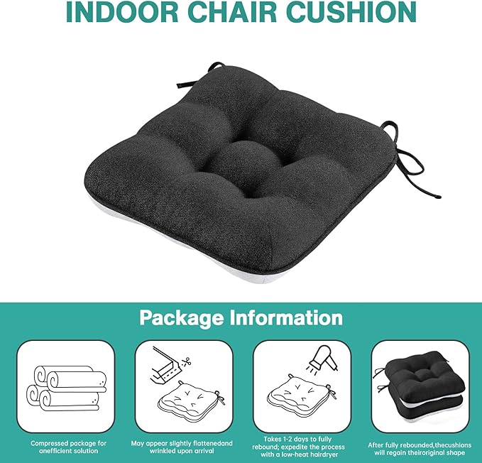 BETU Black Chair Cushions for Dining Chairs Set of 6,3.5" Thick Kitchen Table Chair Pads with Ties,Non Slip Backing and Covers,Seat Cushion for Dining Room,Bar,Patio Chairs,15.5"X15.5"X3.5",Black