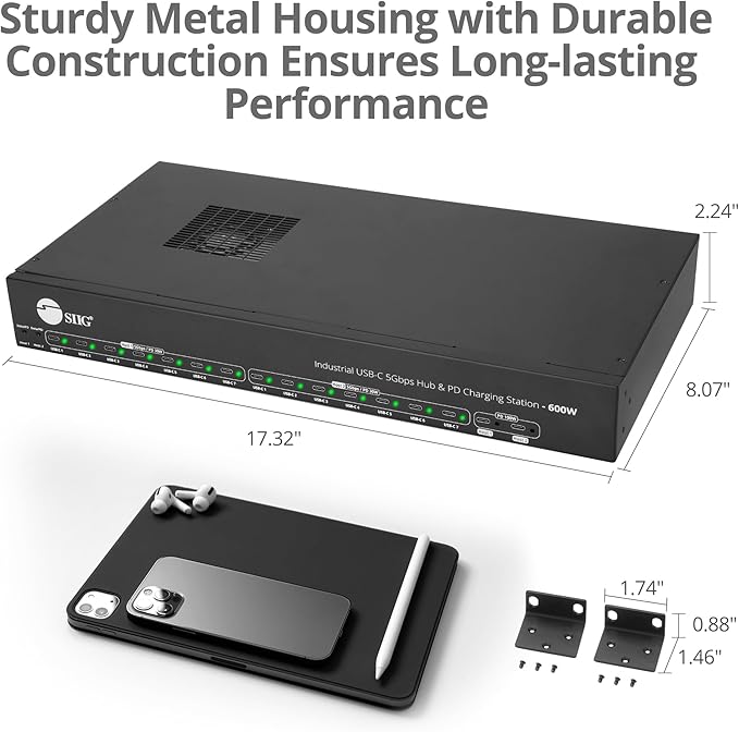 SIIG 16-Port Industrial 600W USB-C PD Charging Station Hub - 5Gbps Transfer Speeds, 30W 14-Port, 100W 2-Port, Metal, Surface Mountable Housing, Auto Fan Control, ESD Protection (ID-US0B11-S3)