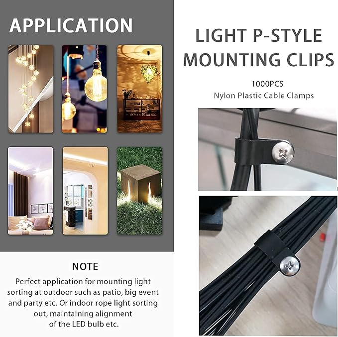 mankk 100PCS 1/4 Inch Rope Light Clips P-Style Mounting Clips Plastic Cable Clamps with Compatible Stainless Steel Pan Head Phillips Screws for Wire Management M-034-BK-LS