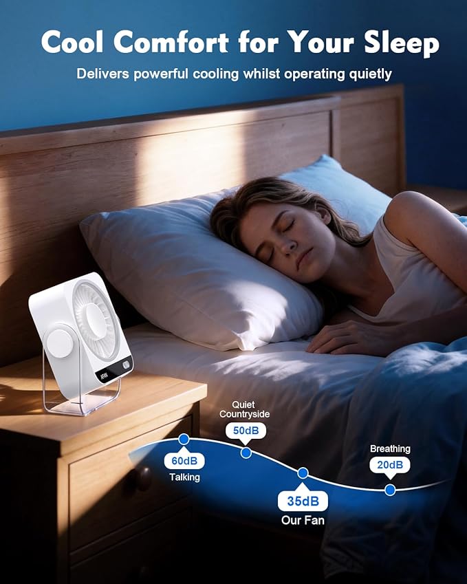 Rechargeable Desk Fan: Small Battery Operated Fan 5000mAh, 199 Speeds Digital Display, 120° Tilt Adjustable, 6.6" Quiet Table Top Fans for Bedroom Home Dorm Office Travel, Beige