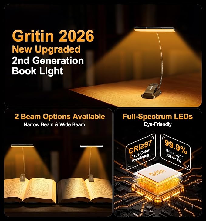 Gritin 2026 Gen 2 Book Light for Reading- 32 Eye Caring Full Spectrum LED, 5 Colors & 5 Brightness, Adjustable Wide/Narrow Beam, Upgrade 1500mAh Long-Lasting Rechargeable Clip on Light for Book Lovers