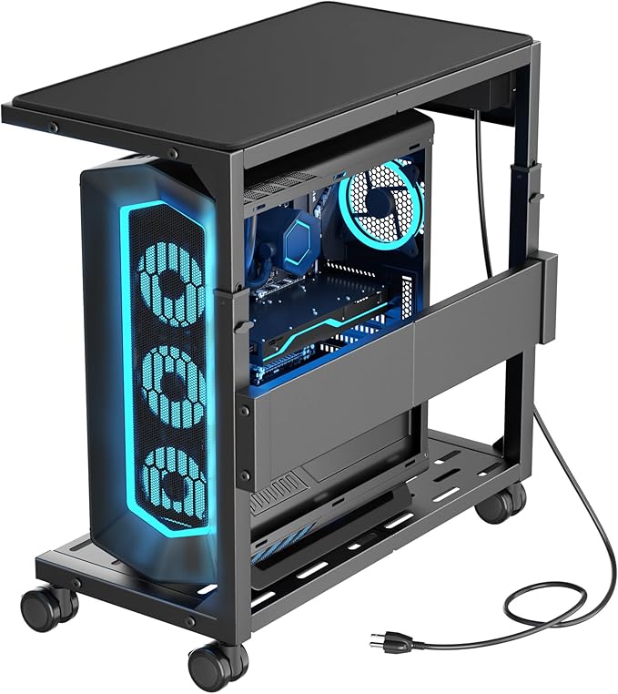 Aquzee PC Stand, Adjustable Computer Tower Stand on Wheels, Heavy Duty Metal Computer Case Cart with Power Strip, Under Desk Rolling PC Holder for Floor Carpet, Gaming Home Office Bedroom, Black