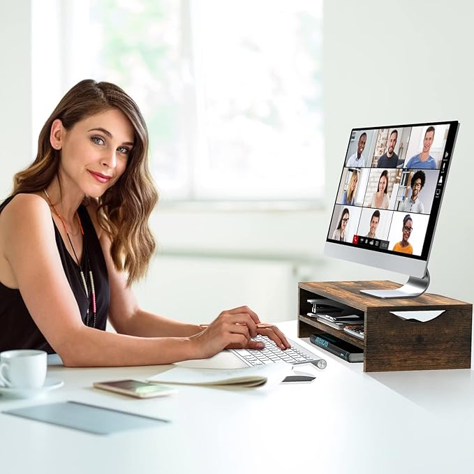 Monitor Stand Riser, 2-Tier Wood Computer Monitor Riser with Storage, Computer Screen Desk Shelf for Monitor, Laptop, PC, iMac, TV & Printer