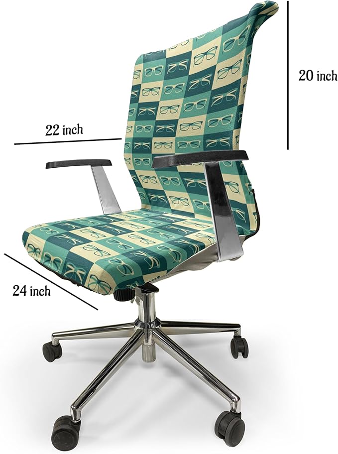 Ambesonne Indie Office Chair Cover, Pattern with Eyeglasses in Vintage Style Hipster Cool Design Modern, Stretchable Decorative Universal Size High Back Printed Slipcover, Green Blue