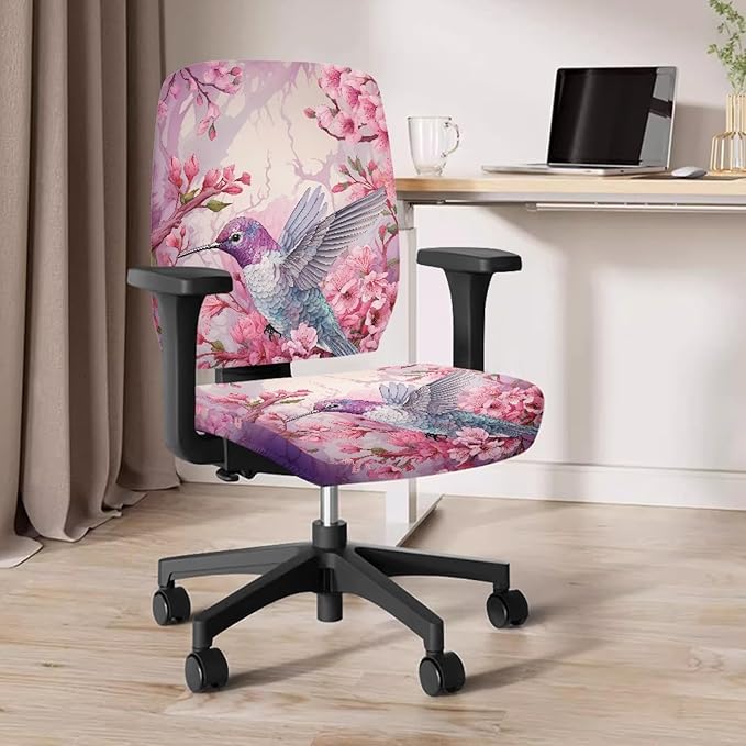 GLENLCWE Pink Hummingbird Flower Office Chair Cover,Modern 2Pack Desk Chair Covers Washable&Stretch Computer Chair Slipcovers for Home Office