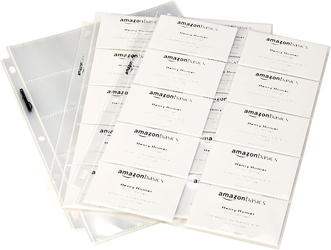 Amazon Basics Plastic Business Card Holder Sleeves for 3-Ring Binder, Transparent, 25-Pack