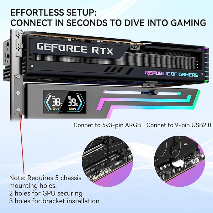 ARGB GPU Support Bracket with CPU & GPU Temp Display, Universal Graphics Card Support, Multi Angle Adjustable GPU Sag Bracket for Video Cards, GPU Stand Built-in 5V3PIN Addressable RGB Strip