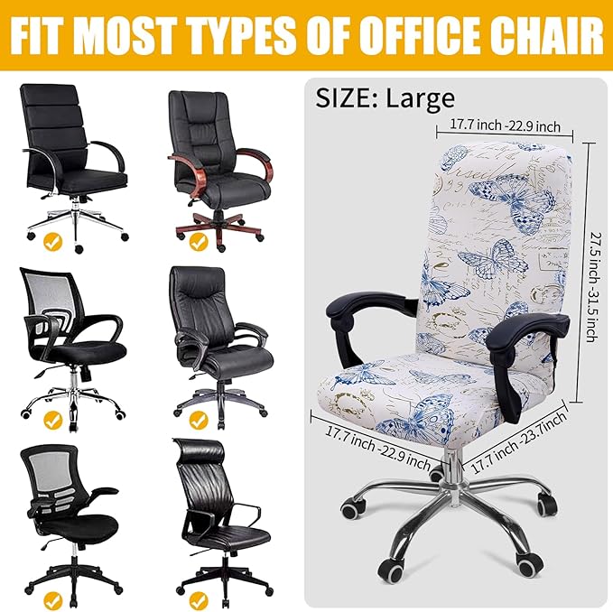 Smiry Stretch Printed Office Computer Chair Covers, Universal Desk Rotating Chair Slipcovers Removable Washable, Soft Fit Anti-Dust Spandex Protector Cover with Zipper, White