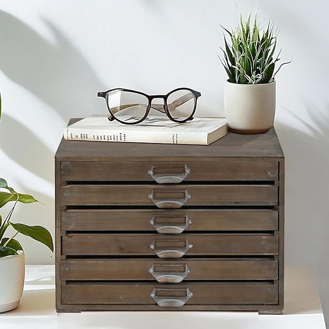 Vintage Wooden Desk Organizer Cabinet with 6 Drawers - Rustic Farmhouse Distressed Decor - Home Office Desktop Storage Box for Jewelry, Craft Paper, Small Tool & More (Log Color)