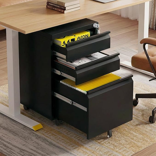 3 Drawer Metal File Cabinet with Lock and Wheels, Mobile Under Desk Filing Cabinet for Home Office, Lockable Organizer for Letter/Legal/A4, Rolling Storage Cabinet for Office & Study, Black