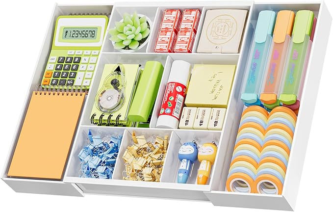 Marbrasse Expandable Desk Drawer Organizer, Clear Plastic Drawer Organizer Tray with 10 Adjustable Compartments, Desk Organizers and Accessories, 5 Drawer Dividers for Office Supplies, Makeup(White)
