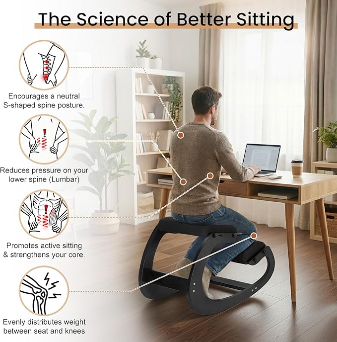 Ergonomic Kneeling Chair - Adjustable Seat, Smooth Rocking Base for Active Posture, Relieves Back & Spine Pressure for Office &Home Sturdy Kneeling Desk Chair Holds 300 lbs, Durable & Stable