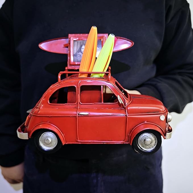 Vintage Photo Frame Pen Holder Car Model Handcrafted Iron Art Car Sculpture Two in One Multi Functional Storage Container with Luggage Compartment and Surfboard Decorations Ideal Gift