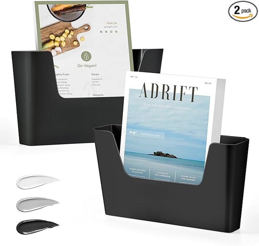 JOMOLA No Drilling File Holder 2 Pack Mail Organizer Wall Mount File Organizer Holder Office Wall Hanging Files Magazines Organizer Plastic Door Mount Wall Pocket with Adhesive Pad, Black Color