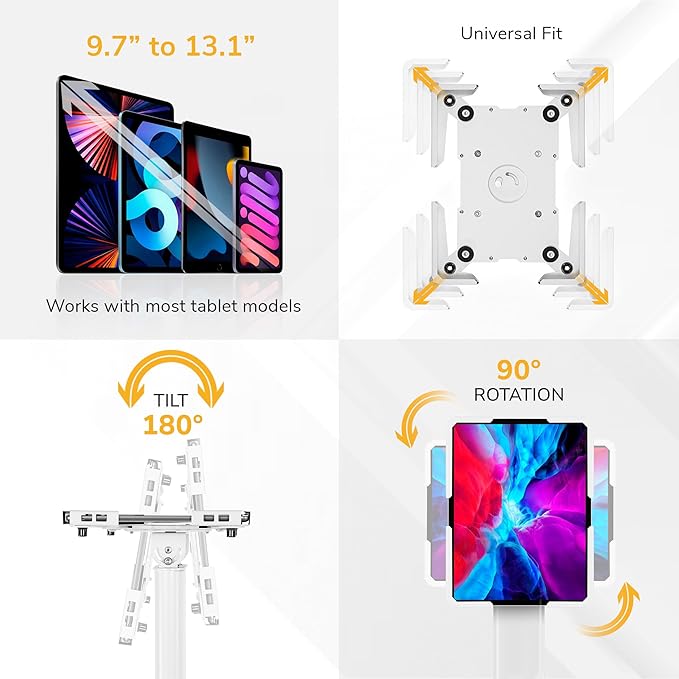 Mount-It! Anti-Theft Universal Tablet Floor Stand Kiosk, Locking Enclosure for iPad, Galaxy Tab & Surface Pro 9.7"–13.1", Height Adjustable 27.5"–47", Commercial Kiosk Stand, White