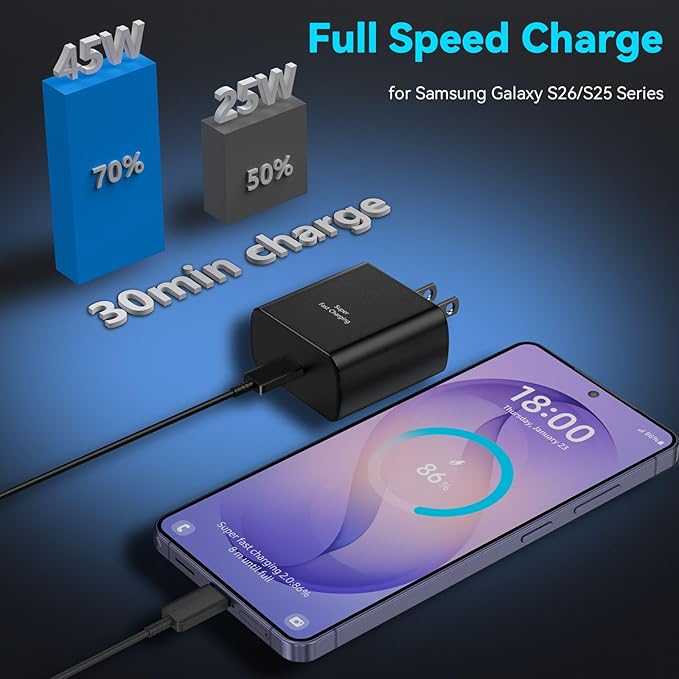 45W Super Fast Charger USB C Android Phone Type C Charger Fast Charging Block with 12FT Cord for Samsung Galaxy S26/S26 Ultra/S26+/S25 Ultra/S25/S24 Ultra/S24/S23 Ultra/S22/S21/S20/Note 10, Black