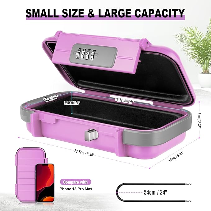 HUANLANG Portable Safe Lock Box with Combination Lock Mini Beach Travel Safe Waterproof Small Lockable Boxs with Removable Wire Rope Combination Lock Box for Dorm,Travel,Beach,Hotel,Car,Home,Office