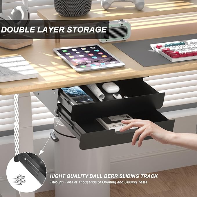 Under Desk Mounted Sliding Double Layer Drawer with Tilt Panel to Pull Out, 11.6'' Long & 10.4'' Deep Dual Storage Organizer for Sit Stand Workstation