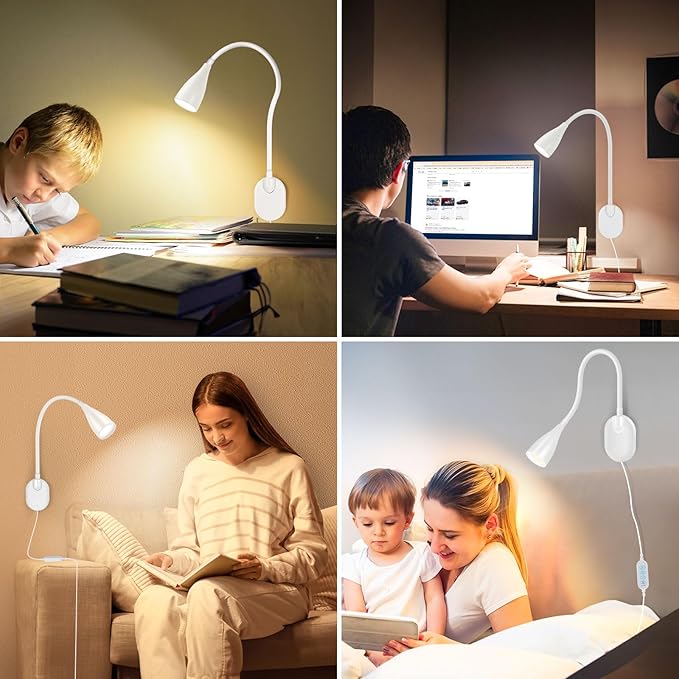 LED Wall Mounted Bedside Reading Light, 3 Color Modes,10 Brightness Dimmable, USB Charging Port, Adhesive Wall Lamp Night Light for Books in Bed, 360° Flexible Eye-Caring Bedroom Lighting White