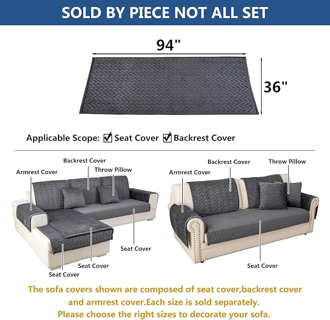 Eismodra Couch Cover,Sectional Couch Covers,Sofa Covers for 3 Cushion Couch,Anti-Slip Sofa Slipcovers for Dogs Cats Kids Loveseat Recliner L Shaped Armrest Backrest,Dark Gray 36''x94''(Only 1 Piece)